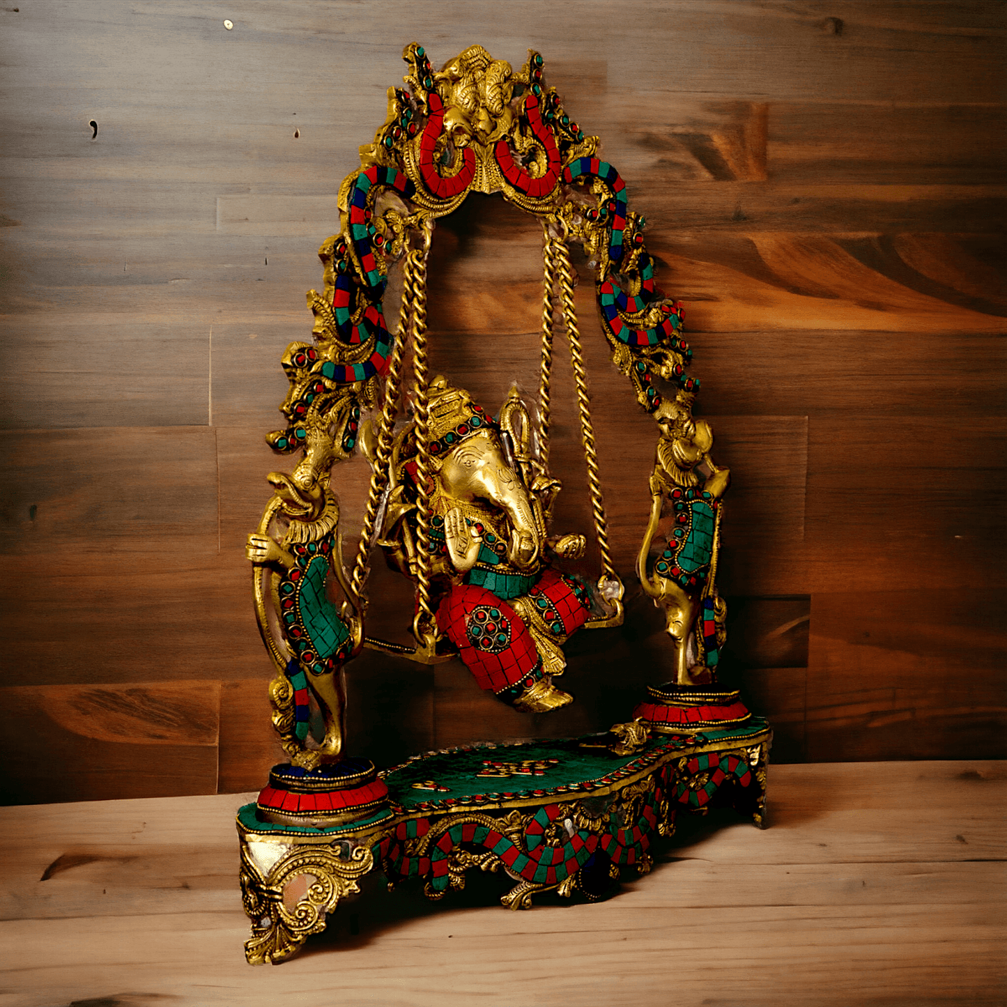 Lord brass Ganesh swing with Inlay work by Nikur Essence - 45.5 cm Height Idols Nikuressence