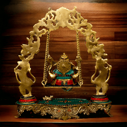 Lord brass Ganesh swing with Inlay work by Nikur Essence - 45.5 cm Height Idols Nikuressence