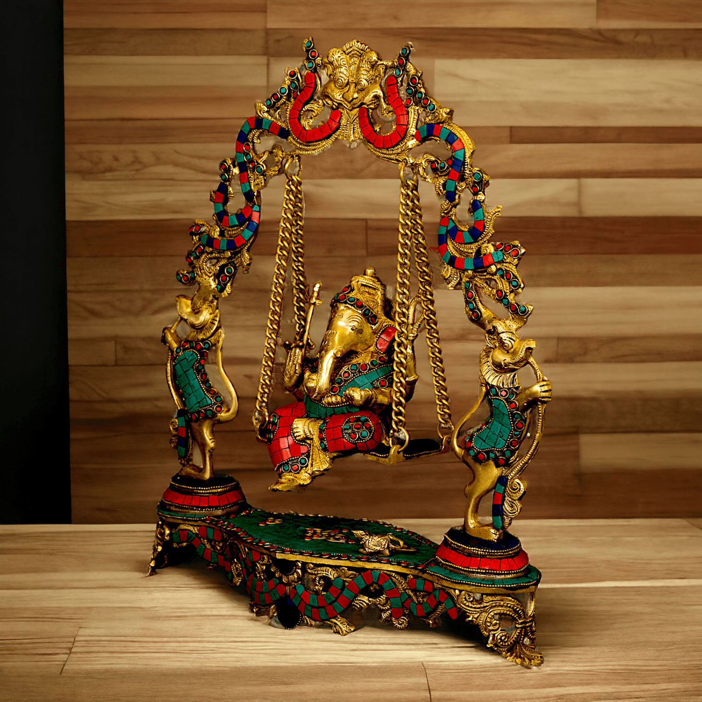 Lord brass Ganesh swing with Inlay work by Nikur Essence - 45.5 cm Height Idols Nikuressence