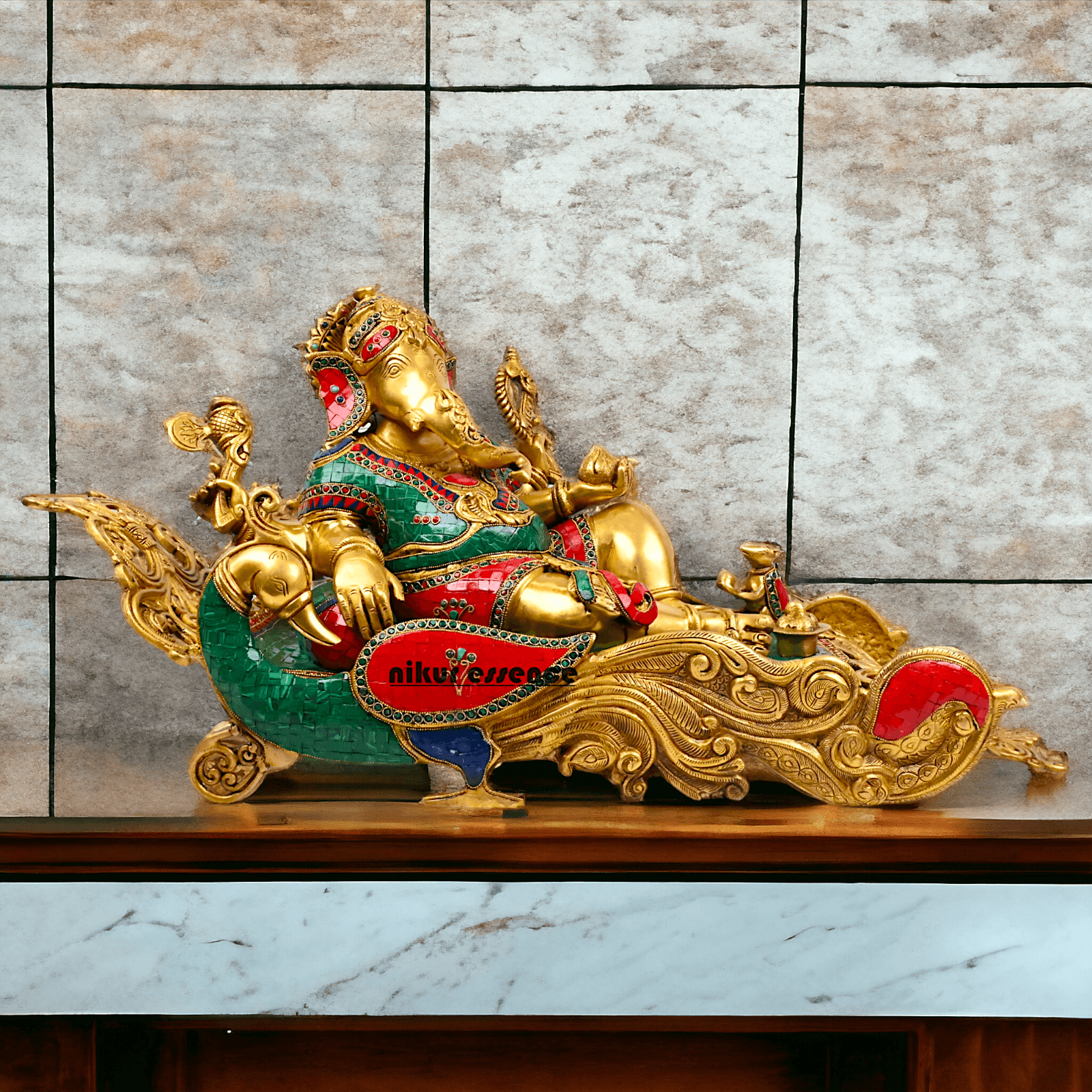 Buy pure Brass Ganesha Idol Relaxing on Peacock Recliner - nikur essence Idols Nikuressence