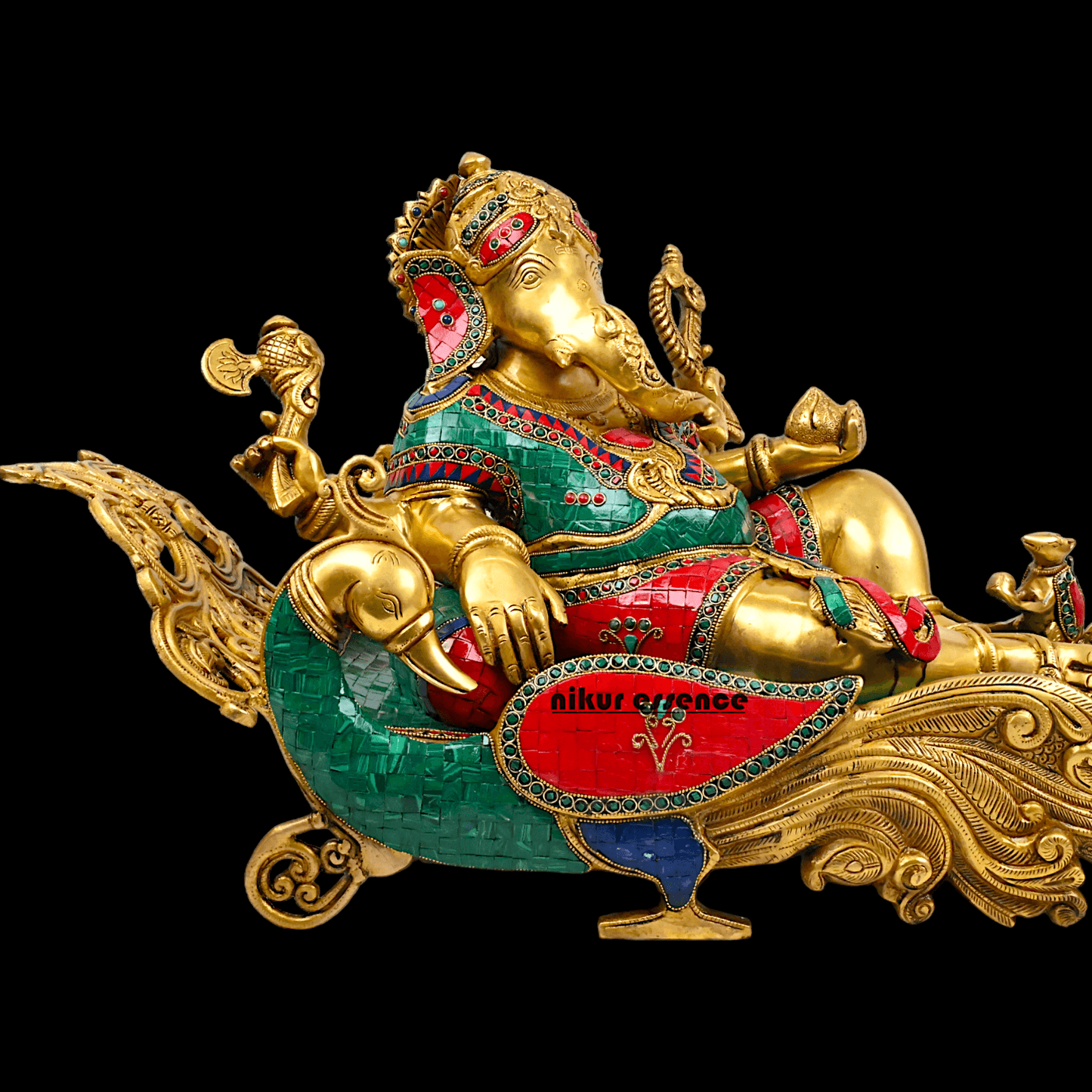 Buy pure Brass Ganesha Idol Relaxing on Peacock Recliner - nikur essence Idols Nikuressence