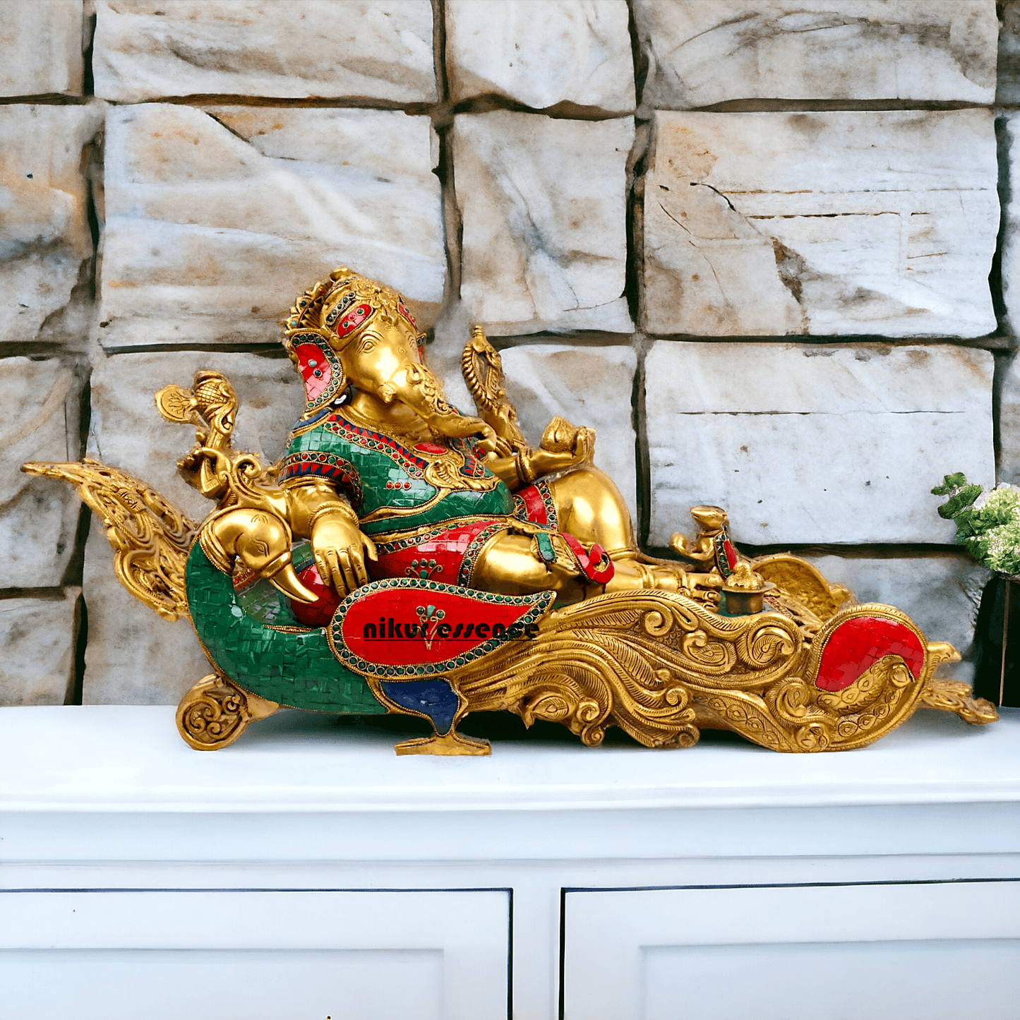 Buy pure Brass Ganesha Idol Relaxing on Peacock Recliner - nikur essence Idols Nikuressence