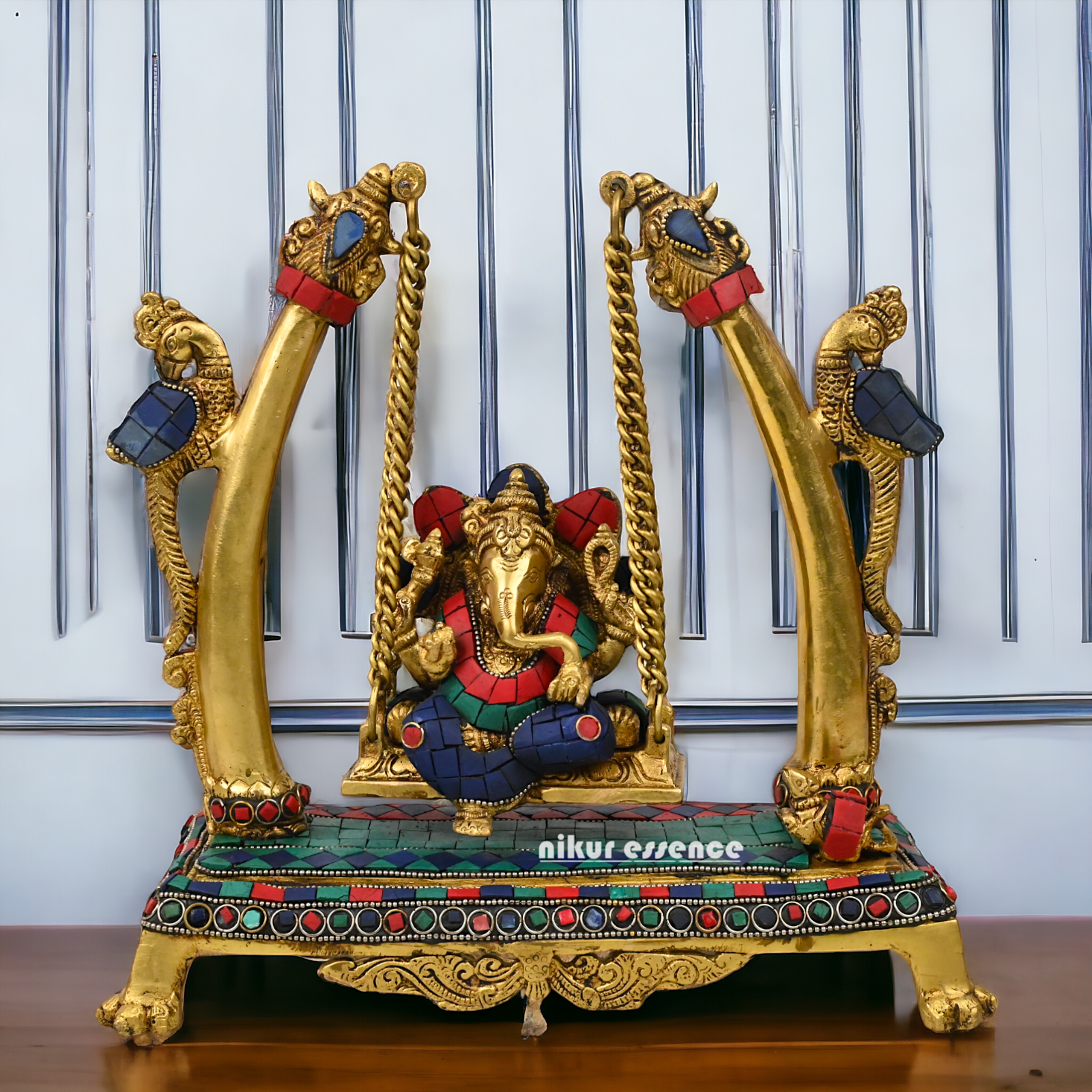 Superfine Brass online Ganesha Jhula with stone work Idol by Nikur Essence - 11 inches Height Idols Nikuressence