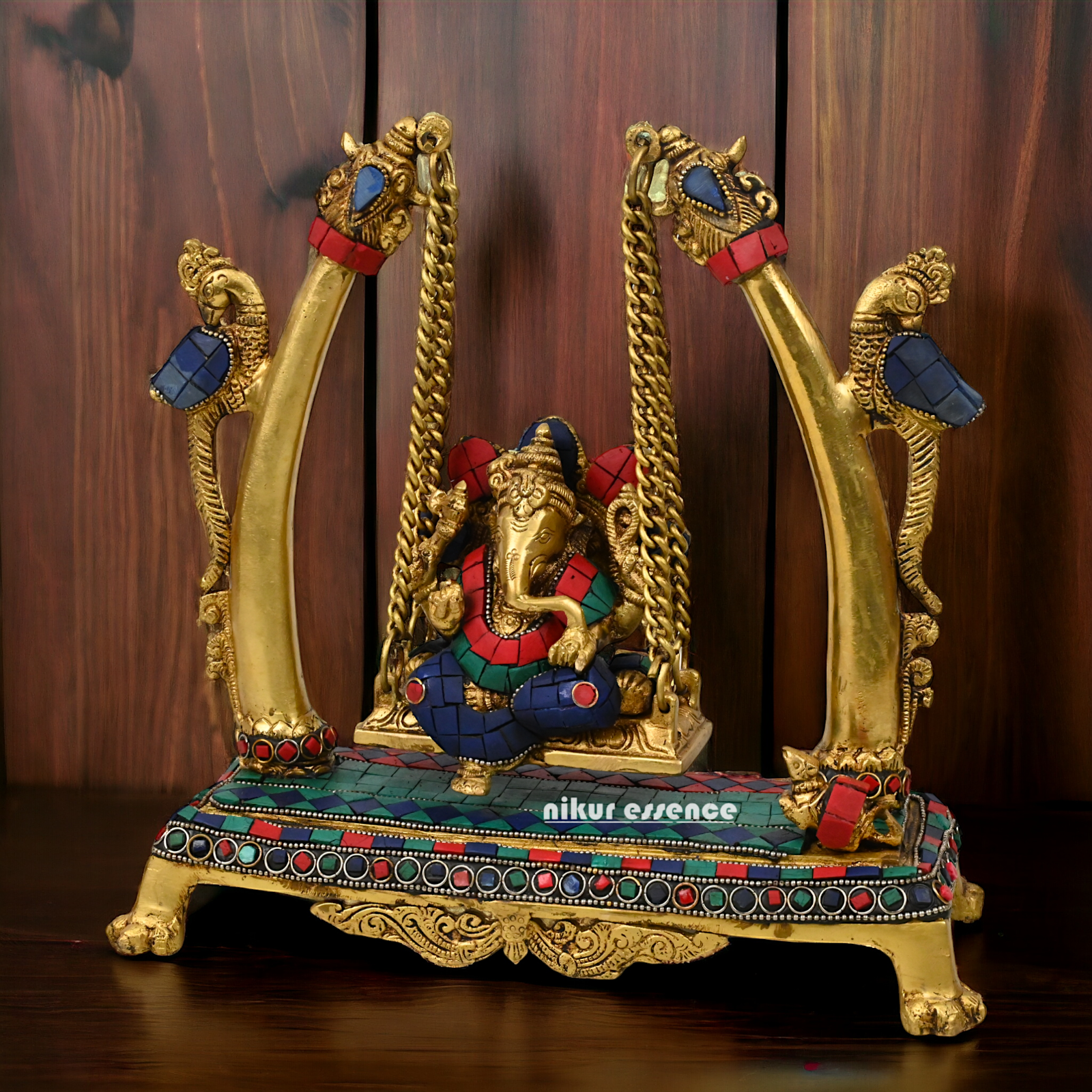 Superfine Brass online Ganesha Jhula with stone work Idol by Nikur Essence - 11 inches Height Idols Nikuressence