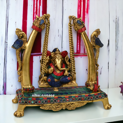 Superfine Brass online Ganesha Jhula with stone work Idol by Nikur Essence - 11 inches Height Idols Nikuressence