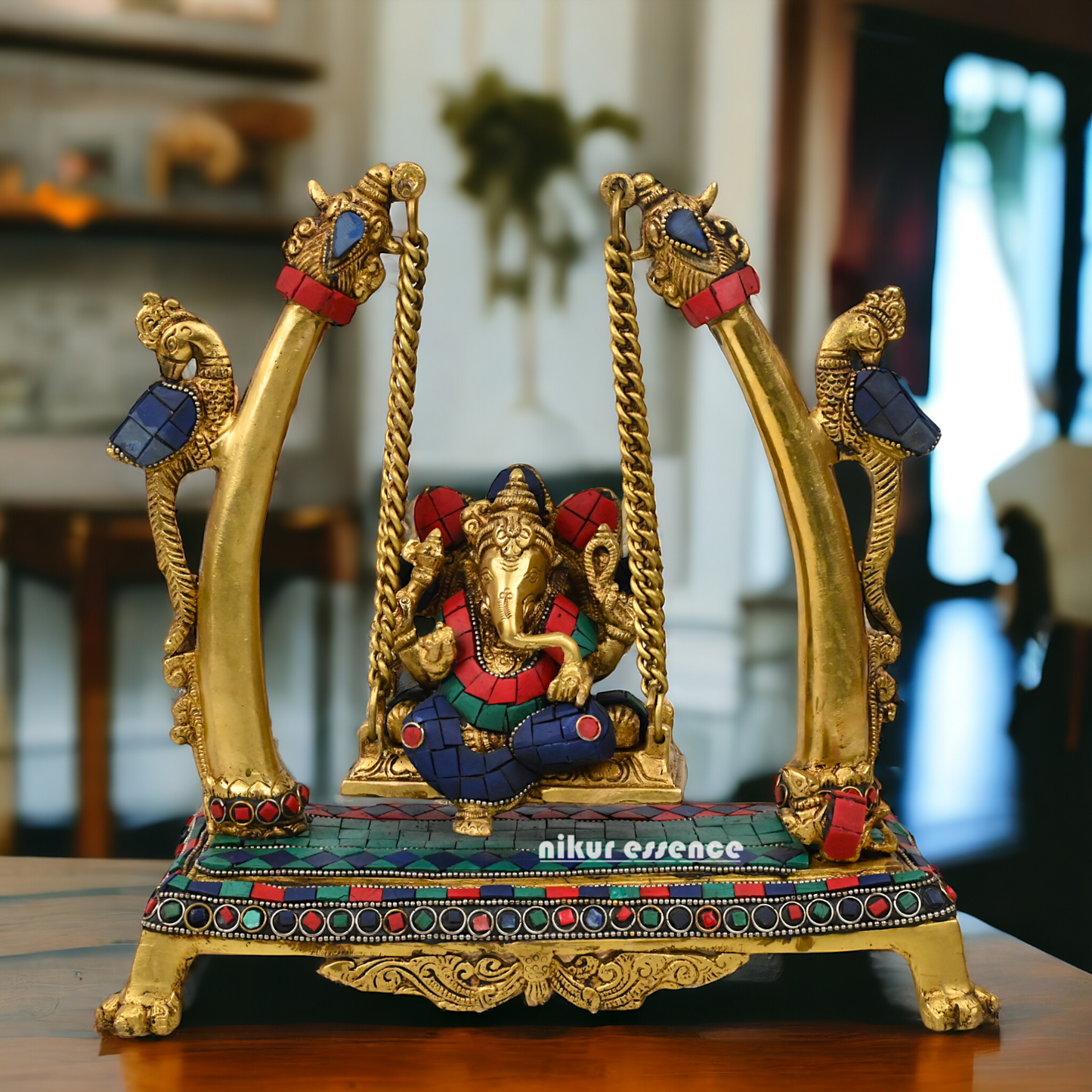 Superfine Brass online Ganesha Jhula with stone work Idol by Nikur Essence - 11 inches Height Idols Nikuressence