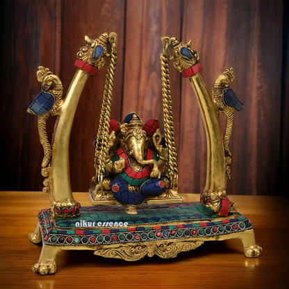 Superfine Brass online Ganesha Jhula with stone work Idol by Nikur Essence - 11 inches Height Idols Nikuressence