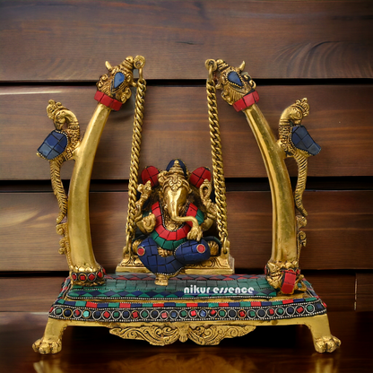 Superfine Brass online Ganesha Jhula with stone work Idol by Nikur Essence - 11 inches Height Idols Nikuressence