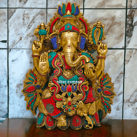 Buy Brass Ganesha Seated on Lotus with stone work - 53 Cm Height Idols Nikuressence