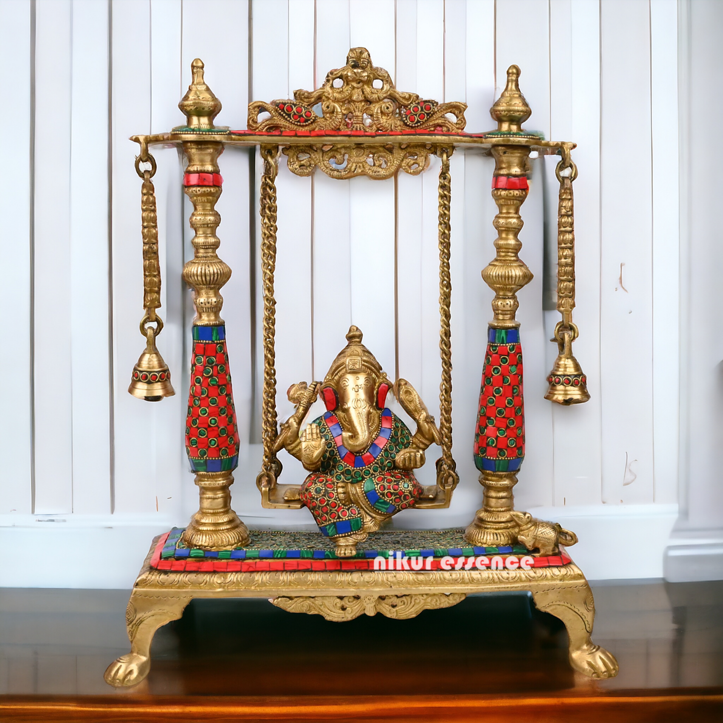 Large Ganesha swing jhula with stone work by Nikur Essence - 40.5 cm Idols Nikuressence