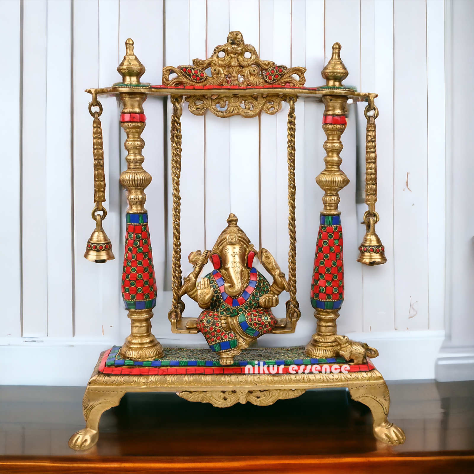 Large Ganesha swing jhula with stone work by Nikur Essence - 40.5 cm Idols Nikuressence