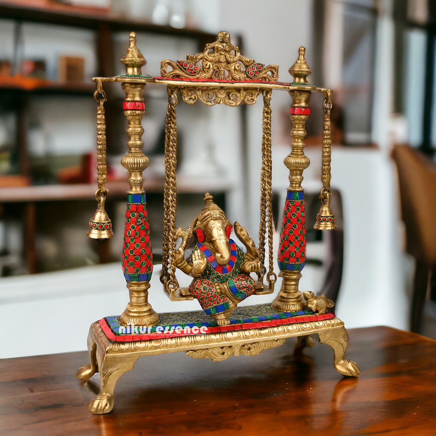 Large Ganesha swing jhula with stone work by Nikur Essence - 40.5 cm Idols Nikuressence