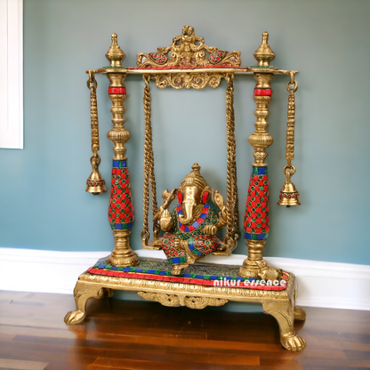 Large Ganesha swing jhula with stone work by Nikur Essence - 40.5 cm Idols Nikuressence