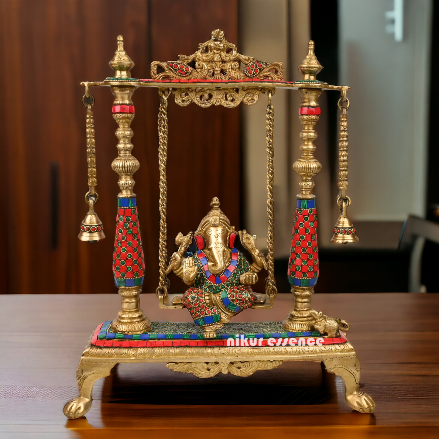 Large Ganesha swing jhula with stone work by Nikur Essence - 40.5 cm Idols Nikuressence