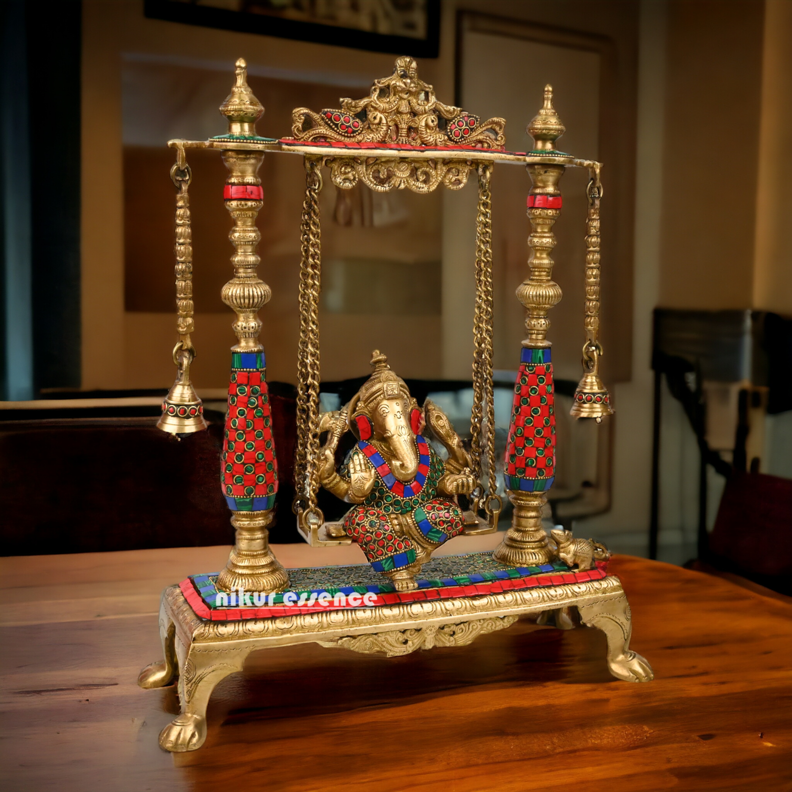 Large Ganesha swing jhula with stone work by Nikur Essence - 40.5 cm Idols Nikuressence