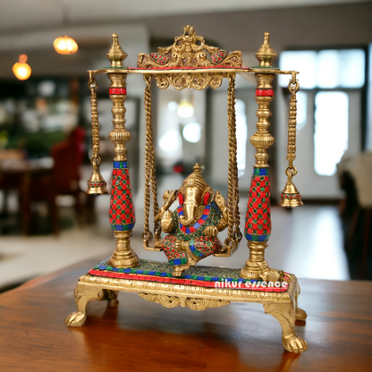 Large Ganesha swing jhula with stone work by Nikur Essence - 40.5 cm Idols Nikuressence