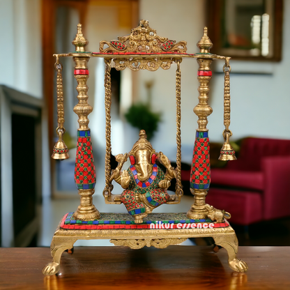 Large Ganesha swing jhula with stone work by Nikur Essence - 40.5 cm Idols Nikuressence