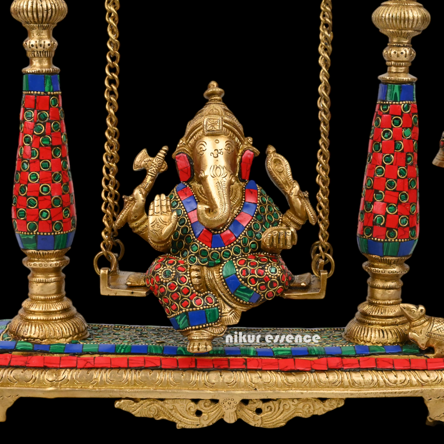 Large Ganesha swing jhula with stone work by Nikur Essence - 40.5 cm Idols Nikuressence