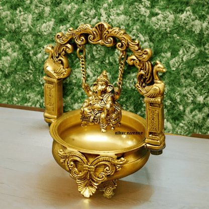 Solid Brass Ganesha urli by Nikur Essence - 9.5 Inch Idols Nikuressence