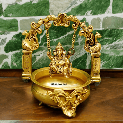 Solid Brass Ganesha urli by Nikur Essence - 9.5 Inch Idols Nikuressence