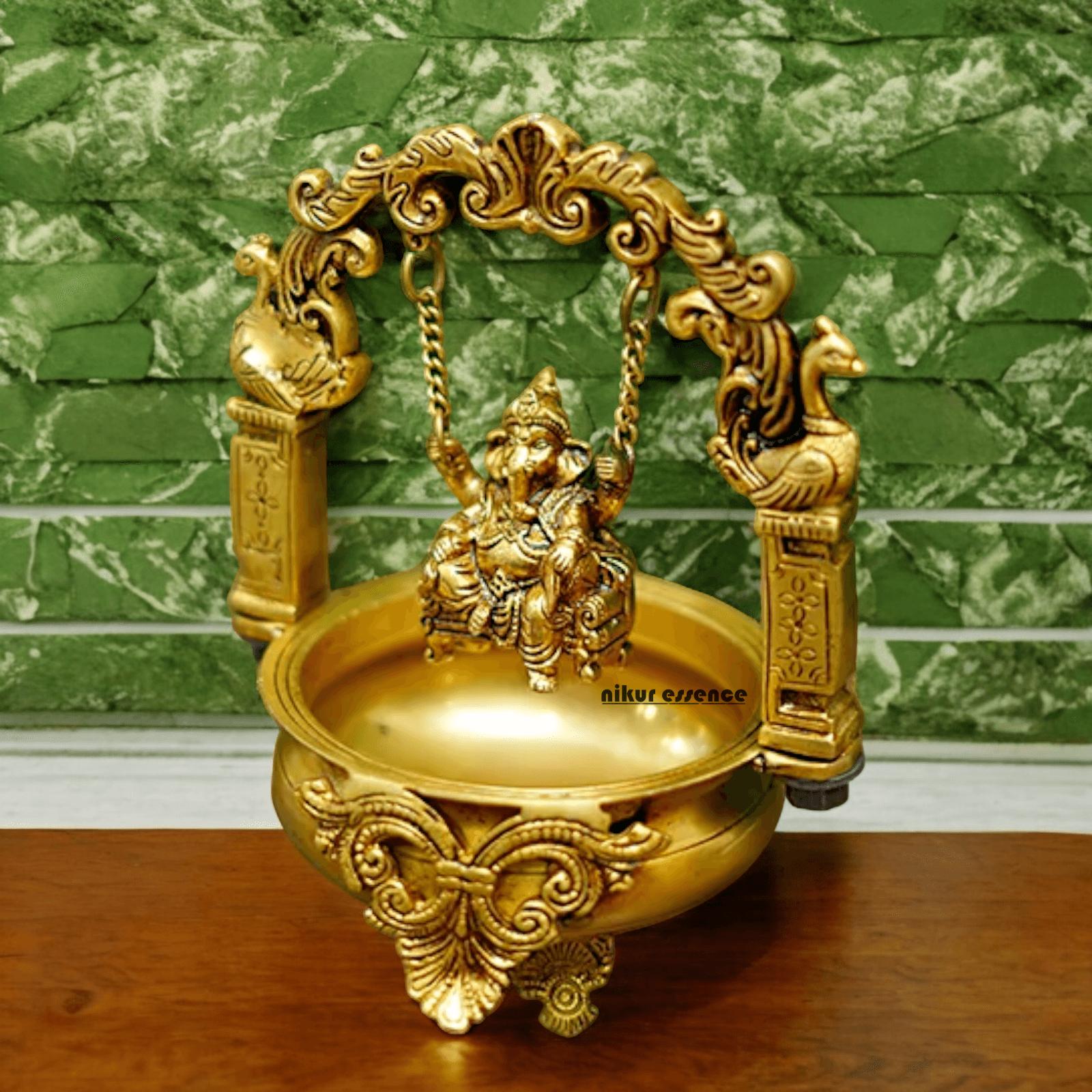 Solid Brass Ganesha urli by Nikur Essence - 9.5 Inch Idols Nikuressence