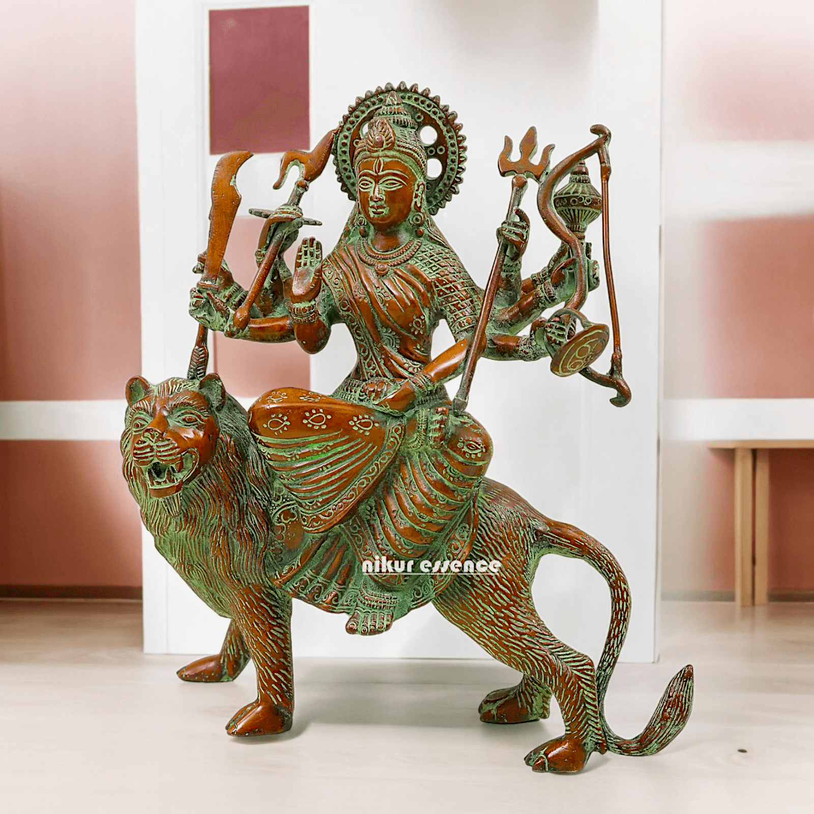 Buy brass 28 cm Mother Goddess Durga Statue - Elegant and Detailed Divine Sculpture, Perfect for Spiritual Altars and Home Decoration | Nikur Essence