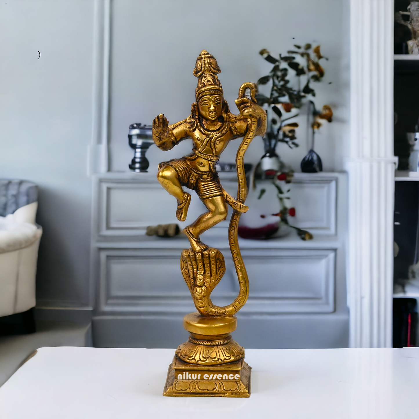 Antique Brass Kaliya Naag Krishna Idol by Nikur Essence - 9 inches