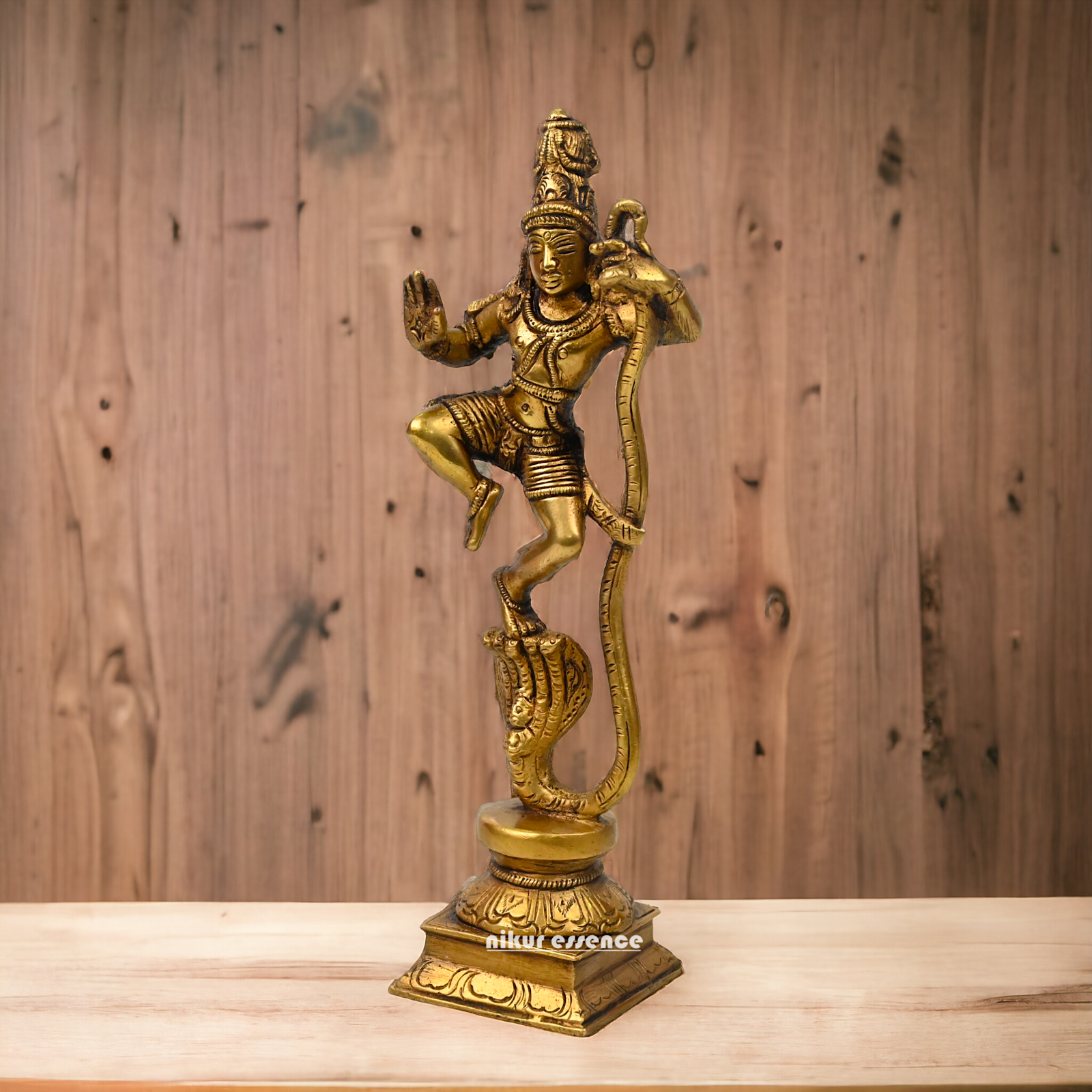 Antique Brass Kaliya Naag Krishna Idol by Nikur Essence - 9 inches