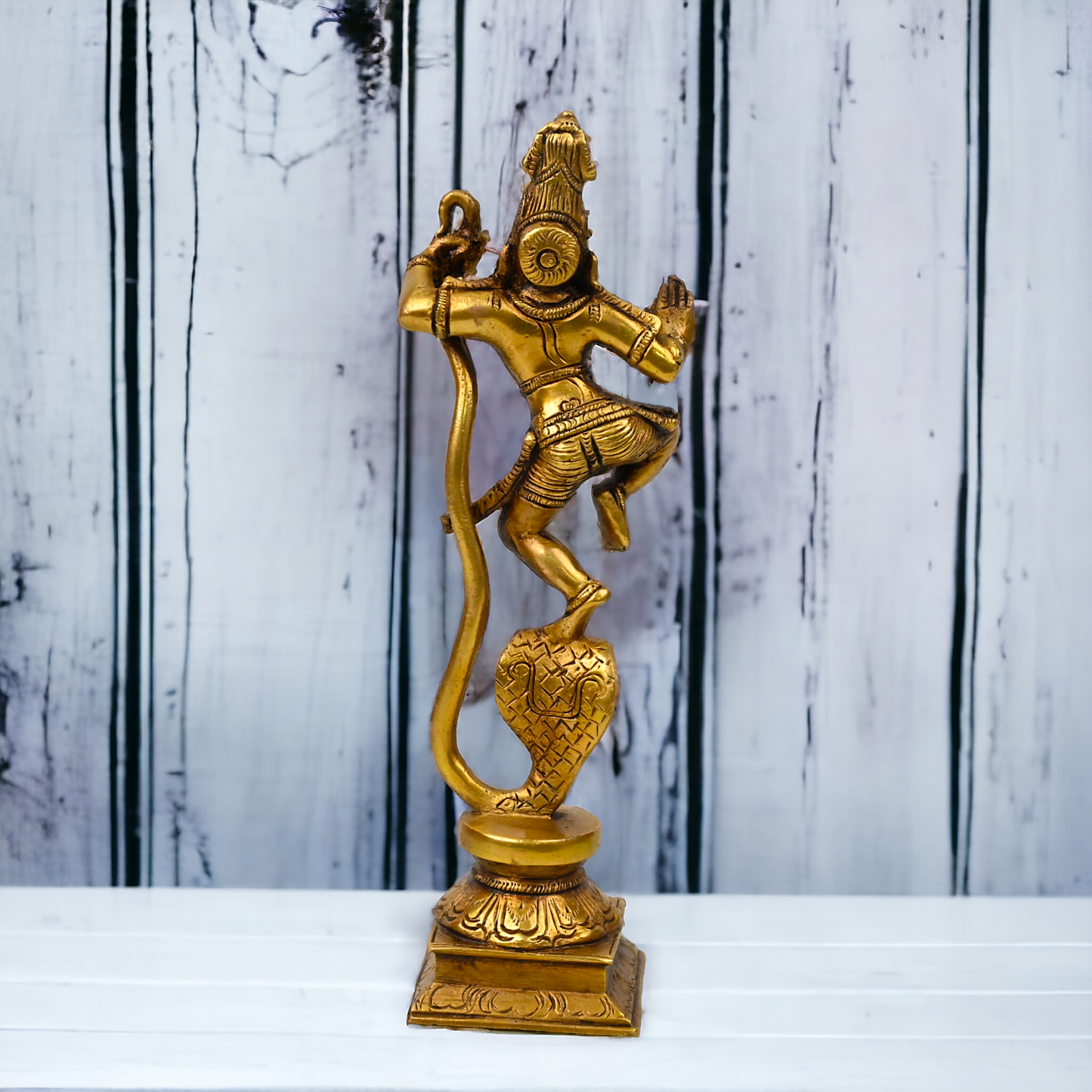 Antique Brass Kaliya Naag Krishna Idol by Nikur Essence - 9 inches