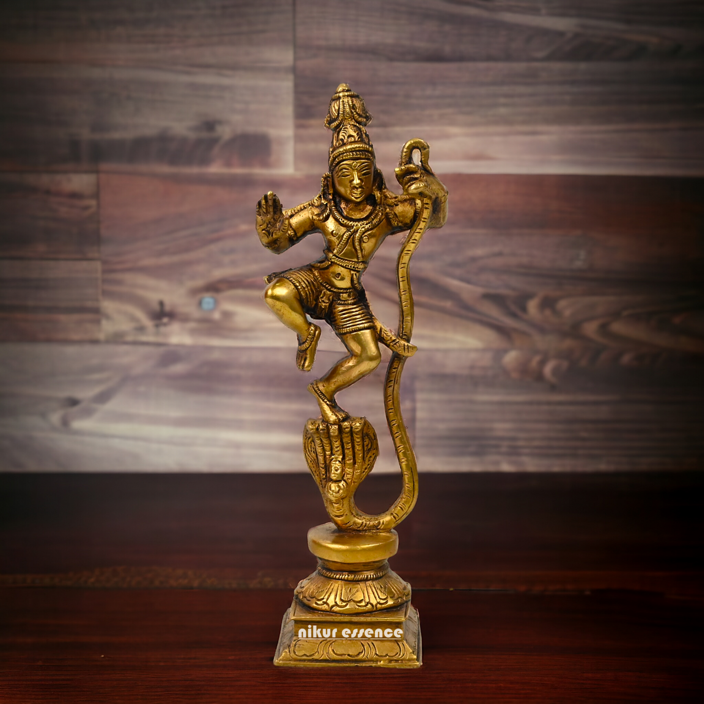 Antique Brass Kaliya Naag Krishna Idol by Nikur Essence - 9 inches