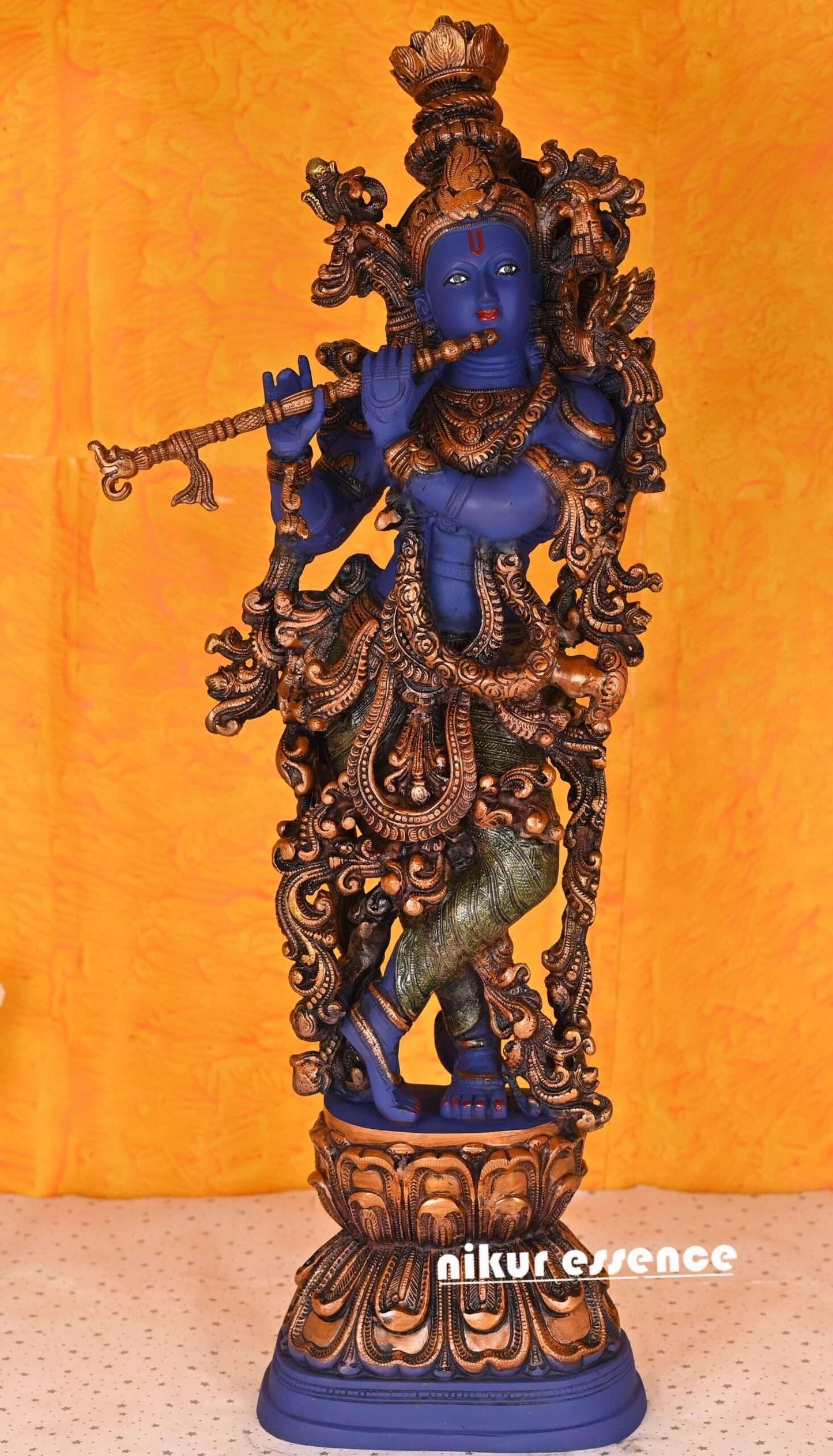 Large Brass Krishna Figurine - Vibrant Blue and Green Color - 30 inch Height Idols Nikuressence