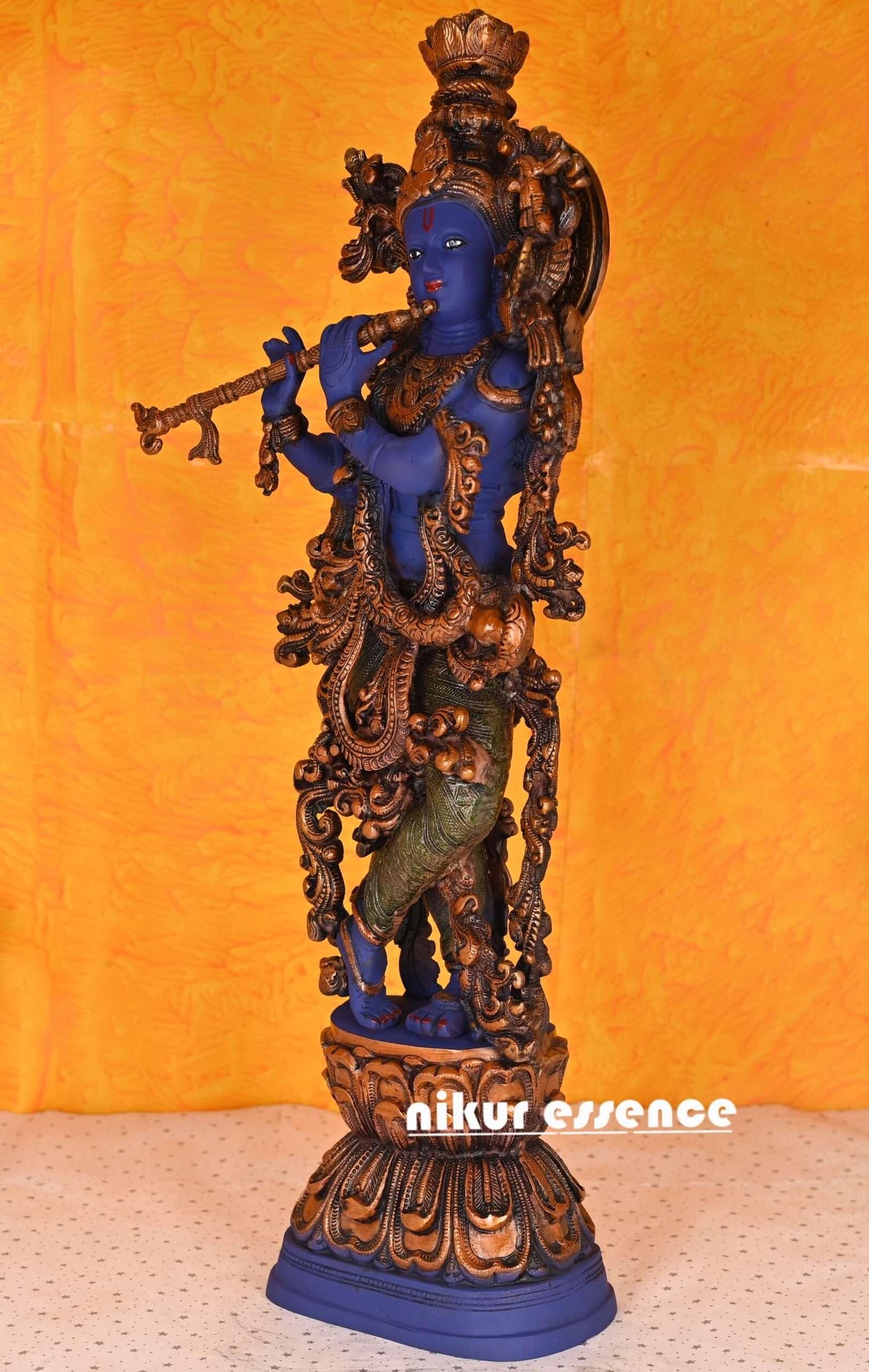 Large Brass Krishna Figurine - Vibrant Blue and Green Color - 30 inch Height Idols Nikuressence