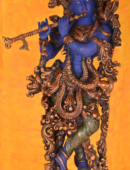 Large Brass Krishna Figurine - Vibrant Blue and Green Color - 30 inch Height Idols Nikuressence