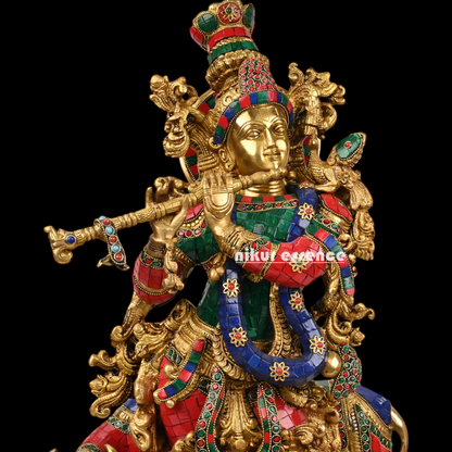 Online large Brass Krishna Cow with stone work Idol - 29 inches