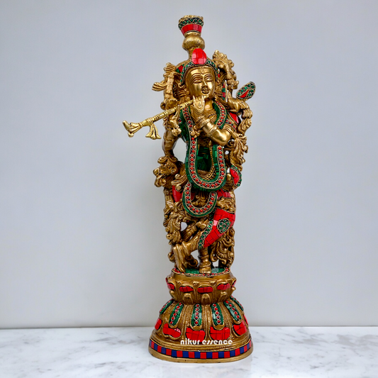 Large Krishna Playing Flute Brass with Stone Work Idol - 29 inches