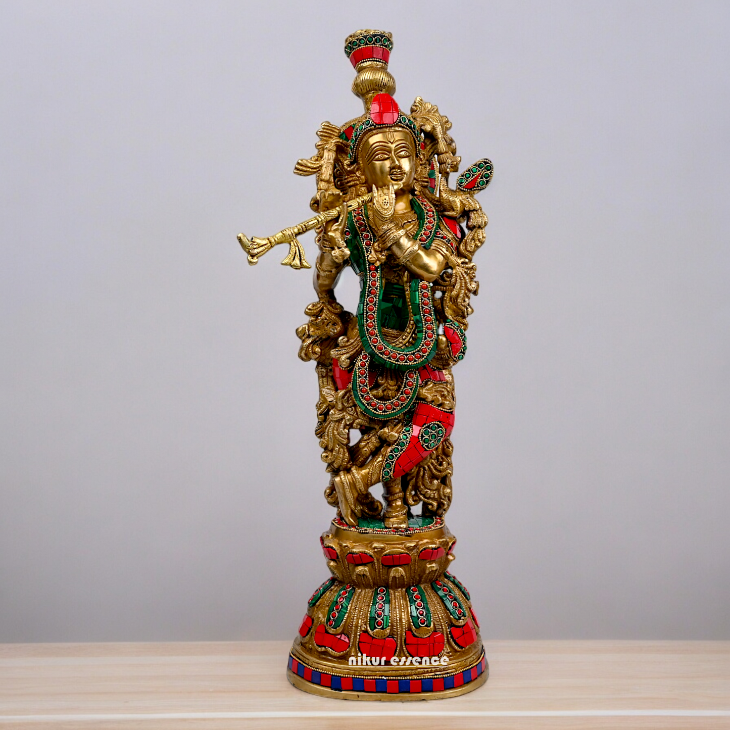 Large Krishna Playing Flute Brass with Stone Work Idol - 29 inches