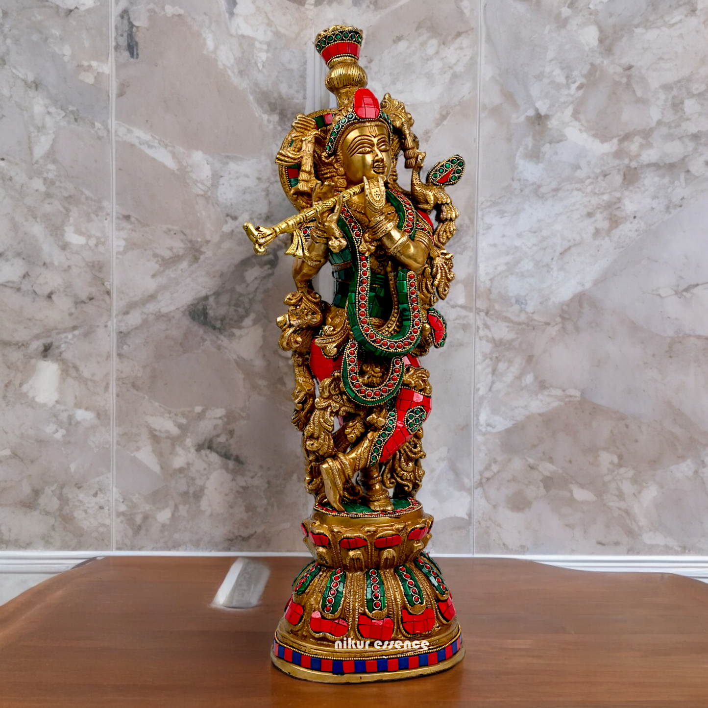 Large Krishna Playing Flute Brass with Stone Work Idol - 29 inches