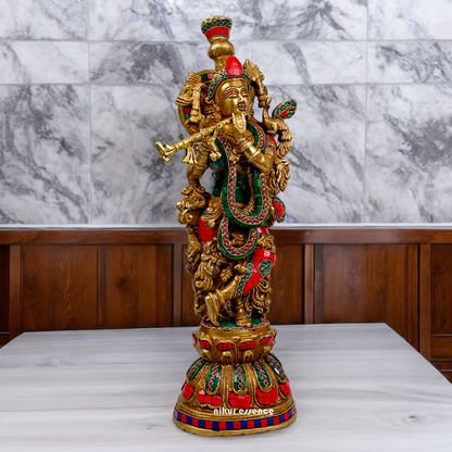 Large Krishna Playing Flute Brass with Stone Work Idol - 29 inches