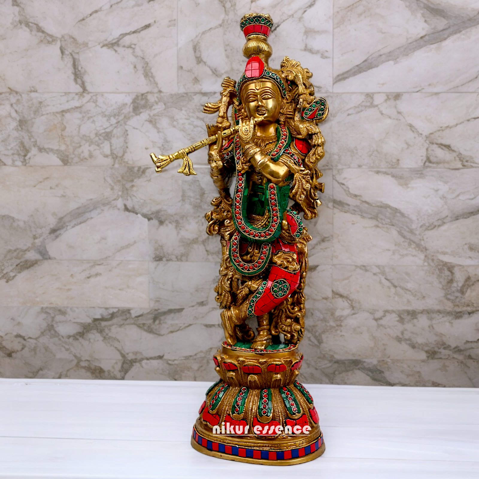 Large Krishna Playing Flute Brass with Stone Work Idol - 29 inches