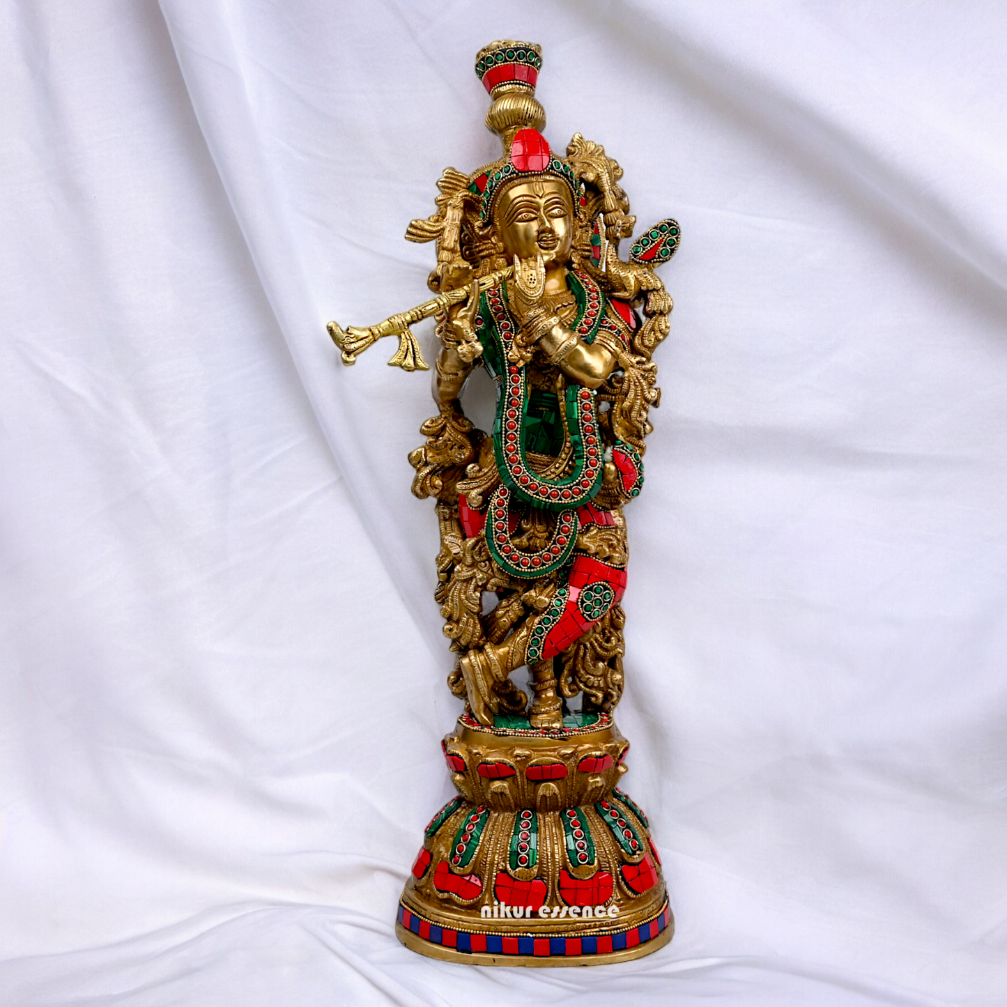 Large Krishna Playing Flute Brass with Stone Work Idol - 29 inches