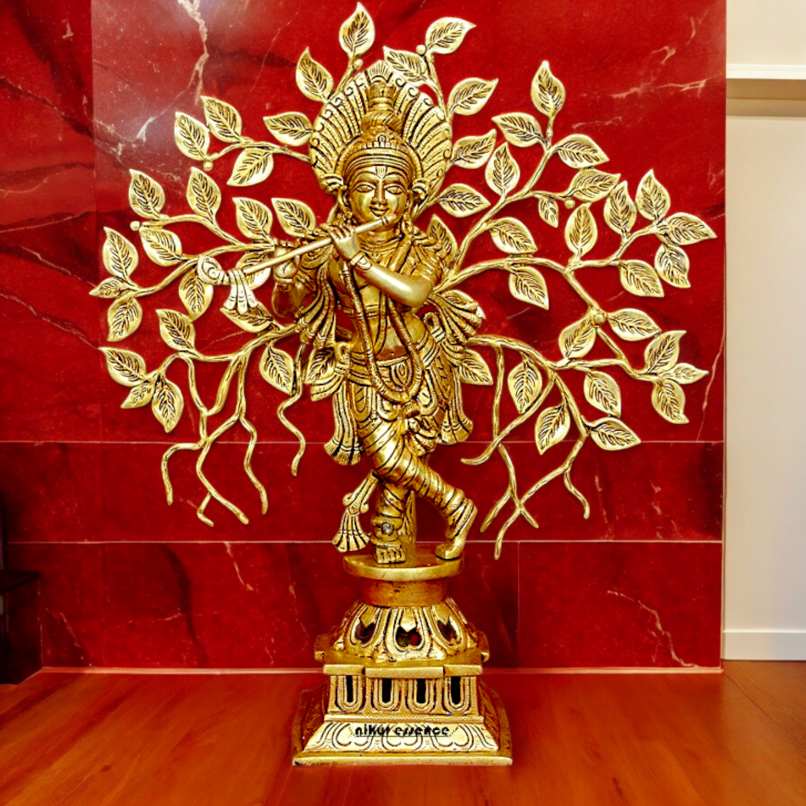 Buy Brass Krishna Playing Flute with Tree Idol - 18 inches | Handcrafted Hindu Statue