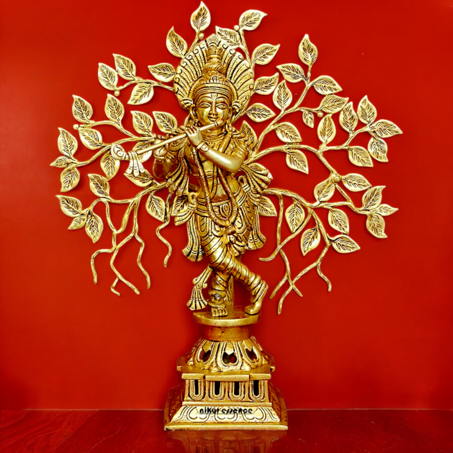 Buy Brass Krishna Playing Flute with Tree Idol - 18 inches | Handcrafted Hindu Statue