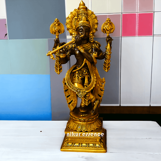 Brass Krishna statue: Intricate Handcrafted Detailing, Majestic Design, and Spiritual Elegance for Home and Temple Decoration Idols Nikuressence