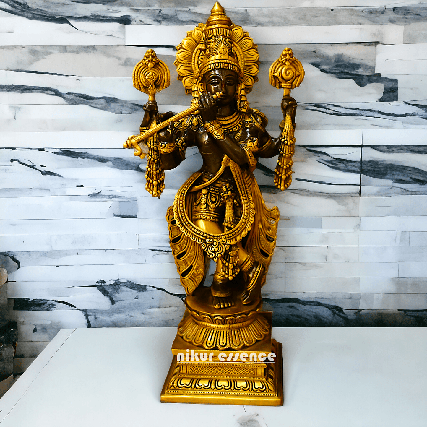 Brass Krishna statue: Intricate Handcrafted Detailing, Majestic Design, and Spiritual Elegance for Home and Temple Decoration Idols Nikuressence