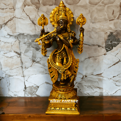 Brass Krishna statue: Intricate Handcrafted Detailing, Majestic Design, and Spiritual Elegance for Home and Temple Decoration Idols Nikuressence