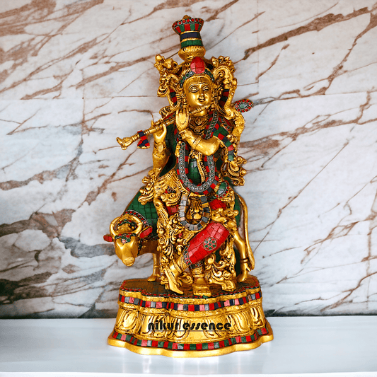 Buy Krishna with Cow | Brass Krishna with Cow | Pure Krishna with Cow-nikuressence Idols Nikuressence