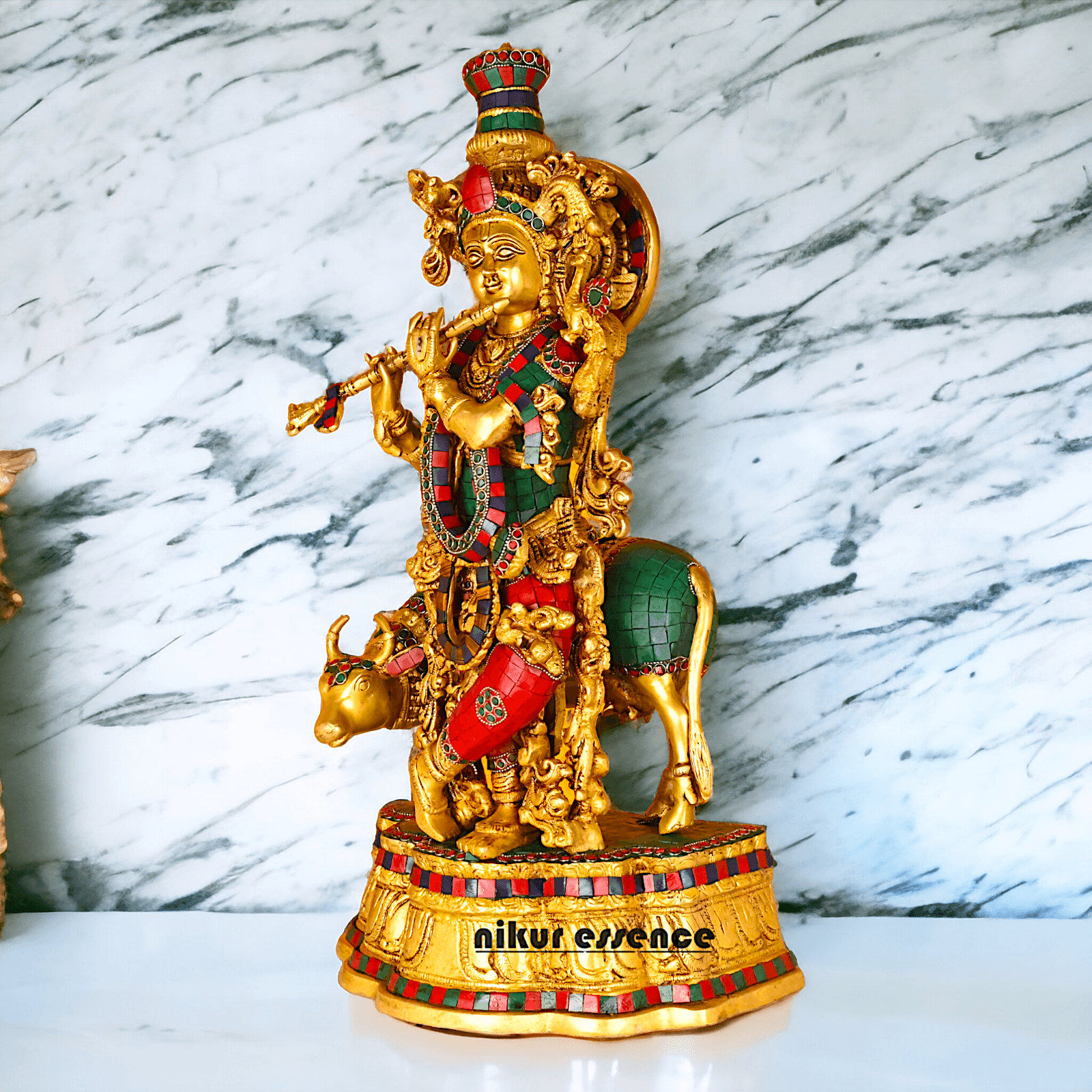 Buy Krishna with Cow | Brass Krishna with Cow | Pure Krishna with Cow-nikuressence Idols Nikuressence