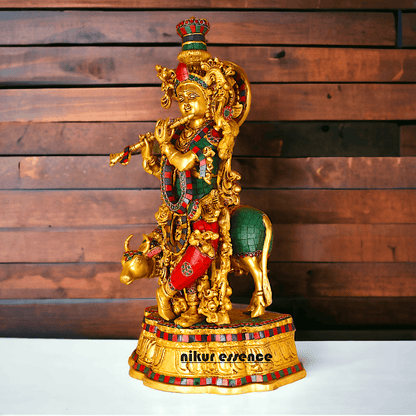 Buy Krishna with Cow | Brass Krishna with Cow | Pure Krishna with Cow-nikuressence Idols Nikuressence