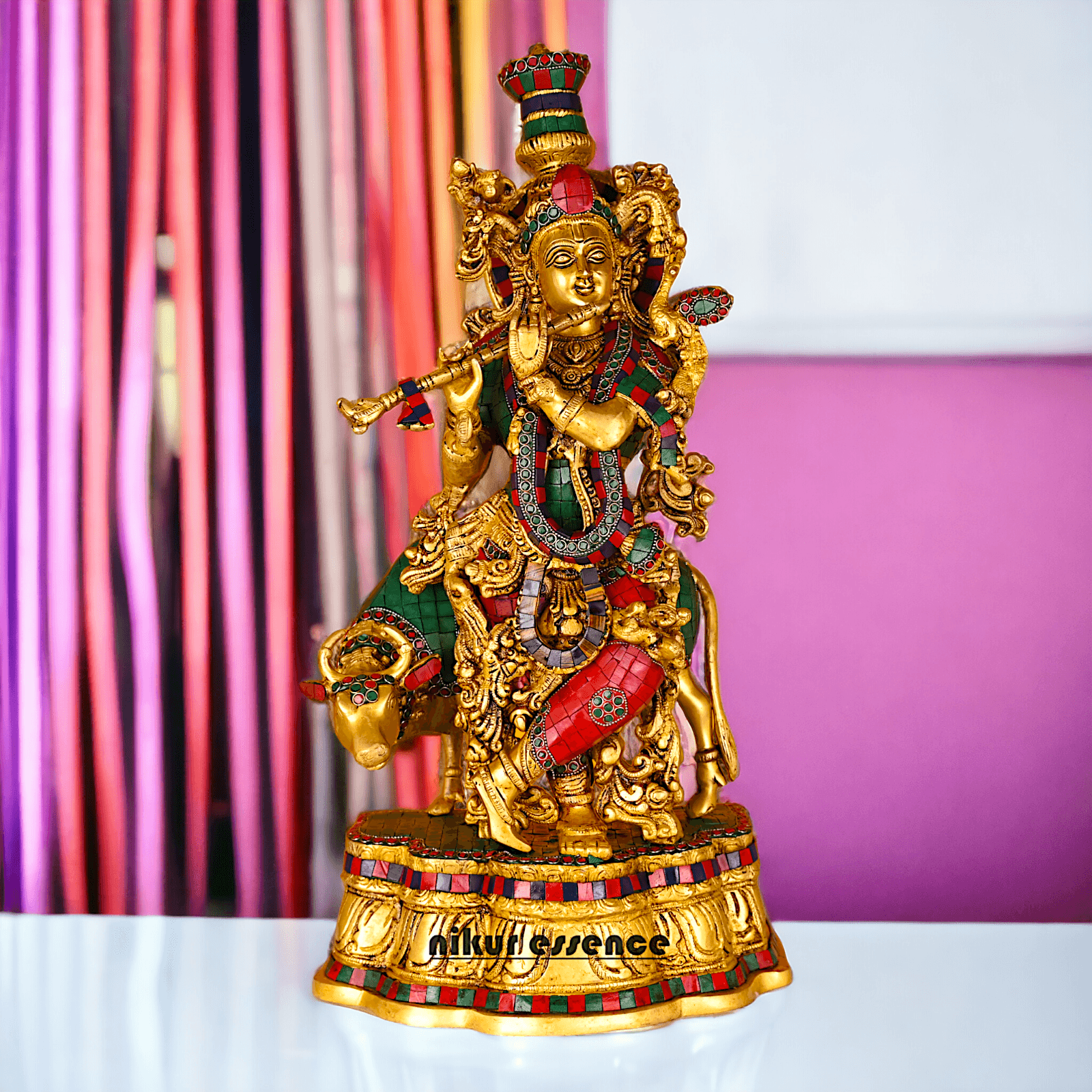 Buy Krishna with Cow | Brass Krishna with Cow | Pure Krishna with Cow-nikuressence Idols Nikuressence