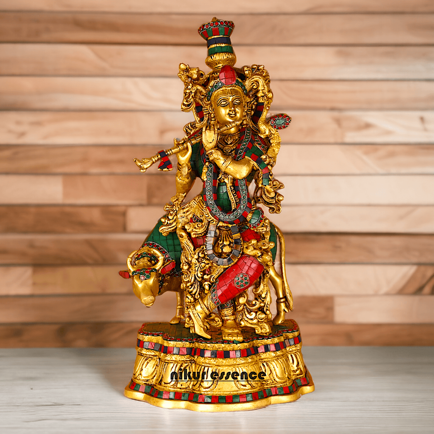 Buy Krishna with Cow | Brass Krishna with Cow | Pure Krishna with Cow-nikuressence Idols Nikuressence